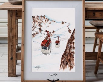 Chamonix Vintage Cable Car Watercolor, Art Print, Old Aiguille Du