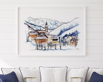 Unha Watercolor mountain painting Watercolor snowy Town art print Val d'Aran Spain ski center Pirineos Winter village Unha from salardu (06)