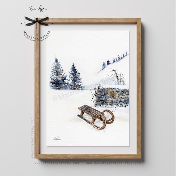 Old Sled Watercolor Art Print | Wooden Sled Vintage | Art Ski Painting | Snowy Landscape Outdoor | Sport Skier |  by Macarena Ortega |  N43