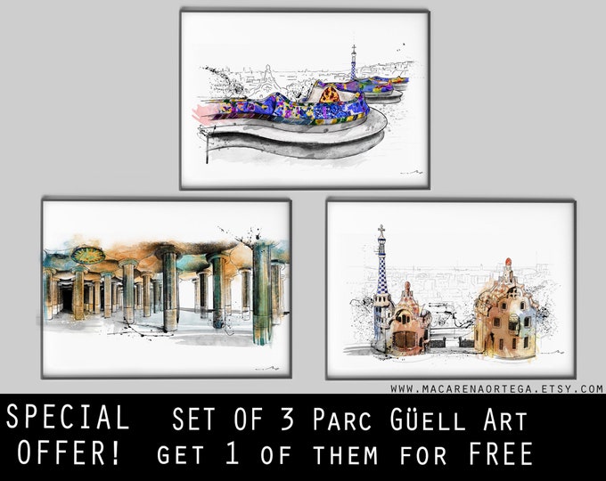 SET of 3 print of Parc Güell art Barcelona 1 on them for free Gaudí Print,  Sketch watercolor Painting BCN Barcelona Parc Guell