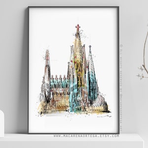 Sagrada Familia Painting Sketch print Barcelona Painting Gaudí print Spain poster Illustration art Europe print city modern bcn 161 image 1