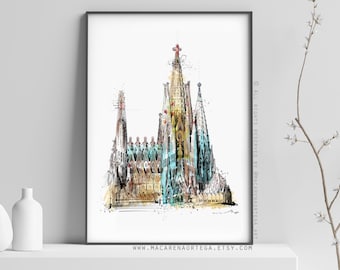 Sagrada Familia Painting Sketch print Barcelona Painting Gaudí print Spain poster Illustration art Europe print city modern bcn (161)