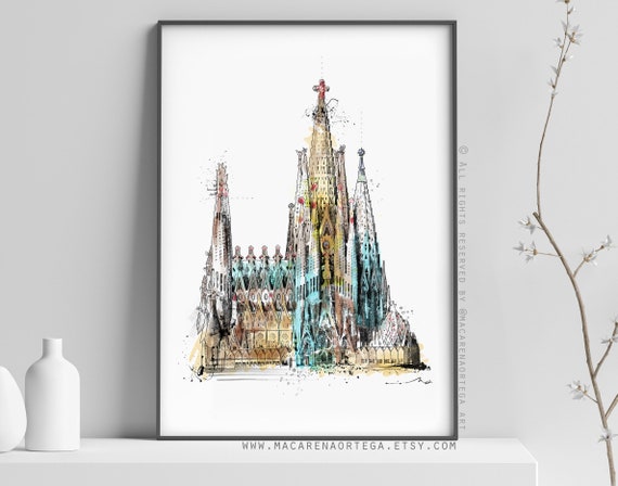 Sagrada Familia Painting Sketch Print Barcelona Painting Gaudí | Etsy