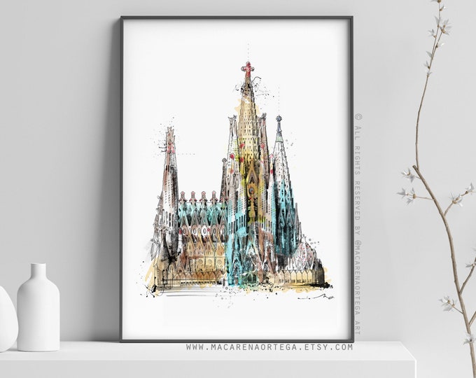 Sagrada Familia Painting Sketch print Barcelona Painting Gaudí print Spain poster Illustration art Europe print city modern bcn (161)