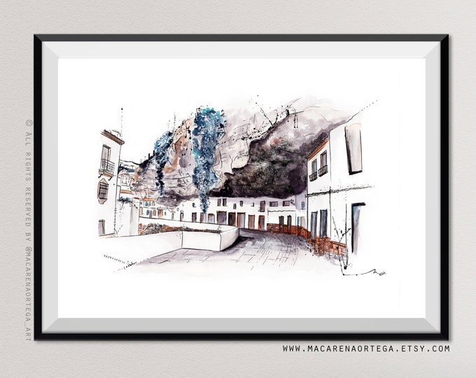 Setenil de las Bodegas Town painting, Cádiz Painting Art print Andalusia Spain watercolor Spain art built into rock painting (013)