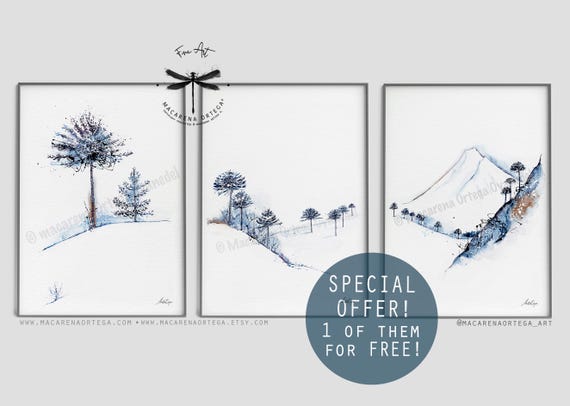Llaima Volcano Chile Set of 3 Watercolor, Art Prints, 1 Print FREE, Araucaria Forest Mountain Landscape, by Macarena Ortega