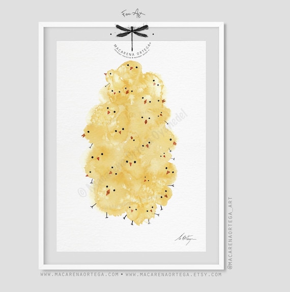 Yellow Baby Chick Watercolor Print | Cozy Nursery Wall Art for Nursery or Spring Decor | Cute & Cottage Decor | Cloud of Chicks | N167