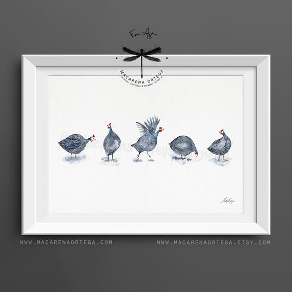 Guinea Fowl Watercolor Art Print, Farmhouse Kitchen Wall Art, Minimalist Animal Decor, Cozy Rustic Home Style | N173