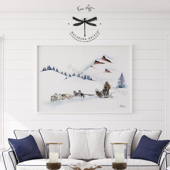 Dog Sled Watercolor Art Print | Sled Painting | Husky Dogs Skiing | Outdoor Winter Sport | Snowy Landscape Decor | Handmade Art Print | N100