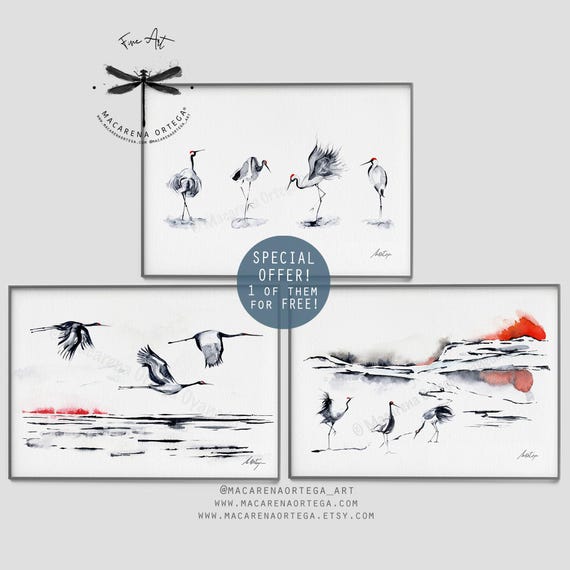 Cranes and Sunset Watercolor Set of 3, Art Print, Bird Painting, Minimalist Nature Wall Decor, Red Sun Landscape Artwork, Elegant Wildlife