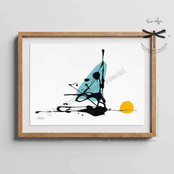 N187 | Sailboat Abstract Watercolor Art Print | Nautical Minimalist Wall Art Modern Surreal Boat Painting Navy Decor | Summer Decor Prints