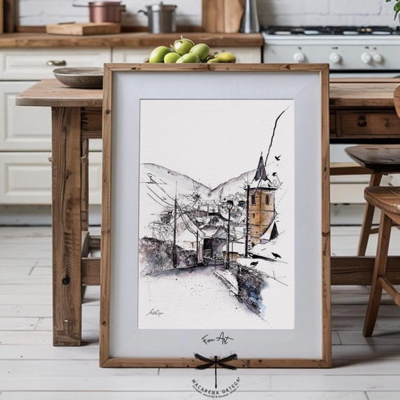 Es Bordes Watercolor Art Print | Valle de Aran Winter Town | Mountain Winter Village | Pirineos Winter Decor | by Macarena Ortega | N200