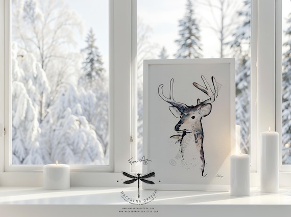 Deer Watercolor Art Print | Modern Deer Painting | Winter Woodland Wildlife | Forest Nature Animal Art | Wild Animals Print Handmade | N19