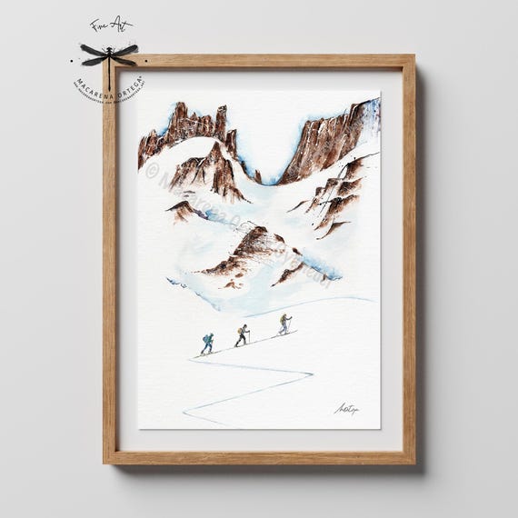 Backcountry Skiing Watercolor Art Print | Mountain Skiing Wall Art, Alpine Snow Decor | Handmade Art | Artwork by Macarena Ortega | N23