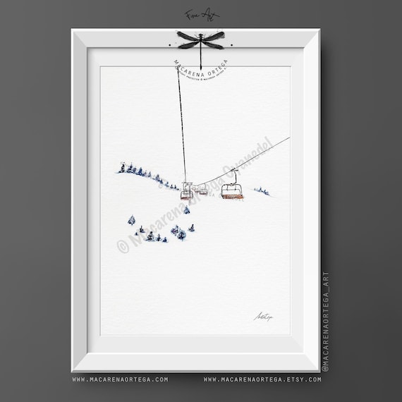 Ski Lift Watercolor Print by Macarena Ortega | Winter Mountain Scene | Alpine Sport Decor | Après-Ski Wall Art | Snowy Landscape | N16