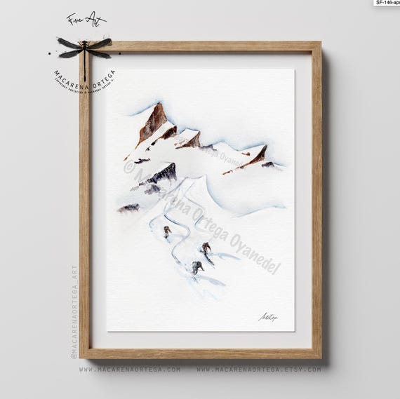 Freerider Skiers Watercolor Art Print | Powder Skiing Artwork, Mountain Snowboard, Ski Lovers | Aspen Ski | Art by Macarena Ortega | N37