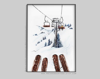 Skis Friends in ChairLift art print watercolor Skier (Nº77) Ski lift art skis print Sport skilift painting skiing ski resort (77)