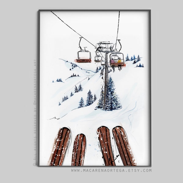 Skifahrer im ChairLift Kunstdruck Aquarell Skifahrer (N°77)