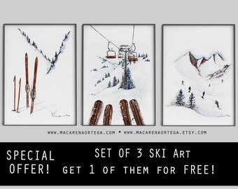 SKIING ART SET of 3 prints 1 of them for free!! Special Offer Mountain home decor winter decor ski art prints ski wall art Christmas gift