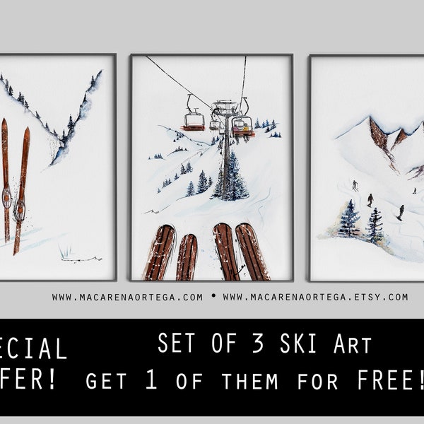 SKIING ART SET of 3 prints 1 of them for free!! Special Offer Mountain home decor winter decor ski art prints ski wall art Christmas gift