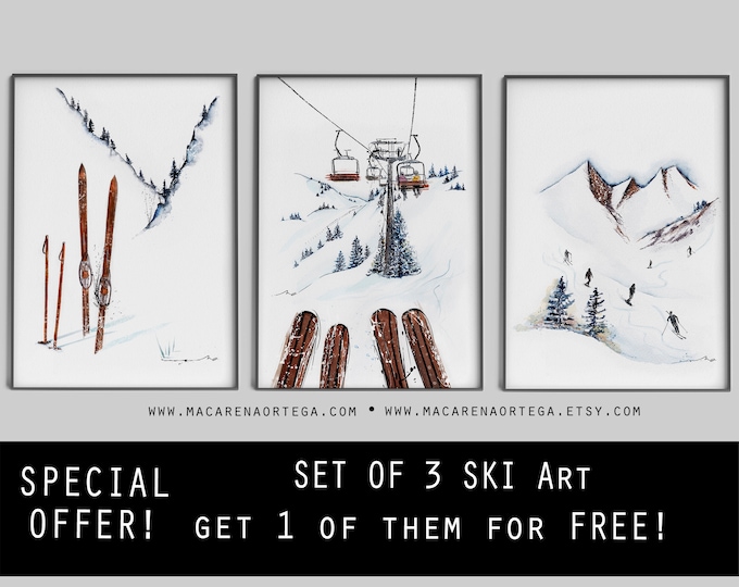 SKIING ART SET of 3 prints 1 of them for free!! Special Offer Mountain home decor winter decor ski art prints ski wall art Christmas gift