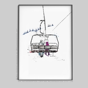 5-köpfige Familie Sesselbahn Kunstdruck Aquarell Skifahrer N72/78/101/28/94 Skifahrer Sesselift Kunstdruck Ski Snowboarder Sport Skifahrer Skiort Parent & Child (40)