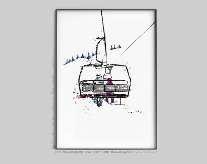 5-köpfige Familie Sesselbahn Kunstdruck Aquarell Skifahrer N72/78/101/28/94 Skifahrer Sesselift Kunstdruck Ski Snowboarder Sport Skifahrer Skiort Parent & Child (40)