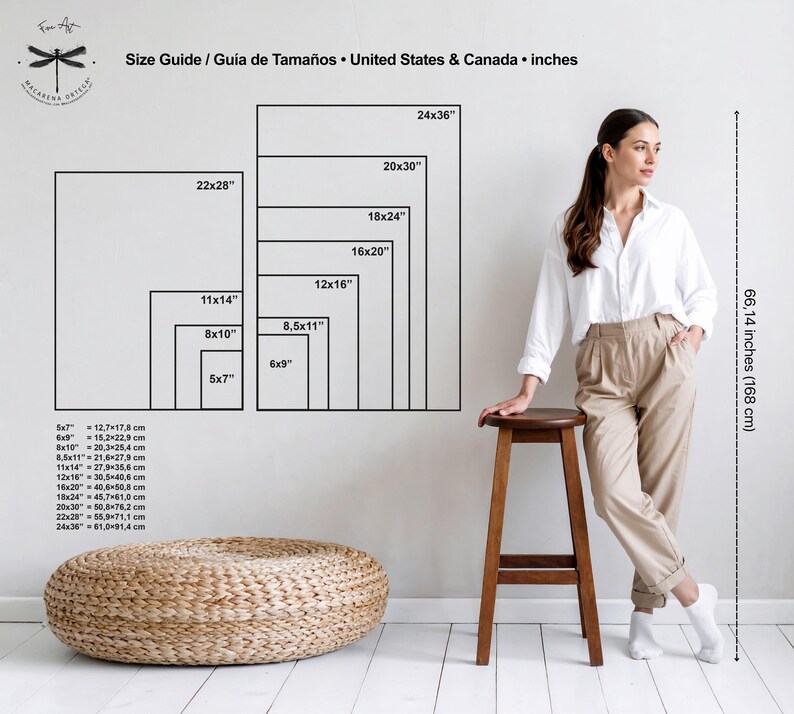 May include: A size guide graphic displays various rectangular art print sizes in inches, with corresponding metric measurements. A woman stands near a wooden stool, and a woven ottoman sits on the floor. The text reads "Size Guide / Gu&iacute;a de Tama&ntilde;os &bull; United States & Canada &bull; inches."