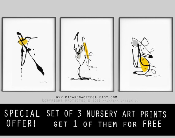 SET of 3 print of Cute Nursery art prints 1 of the for free, Mouse print, Bird print, Pelican art print Babyshower gift child room decor