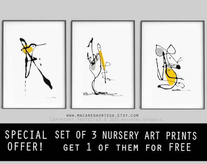 SET of 3 print of Cute Nursery art prints 1 of the for free, Mouse print, Bird print, Pelican art print Babyshower gift child room decor