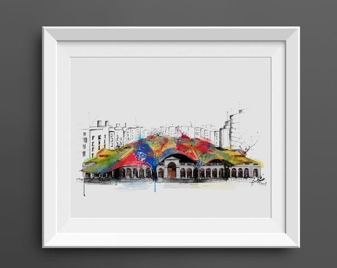 Santa Caterina Market Print Barcelona architecture art print BCN Spain Sketch poster Barcelona Building print city modern wall decor (104)