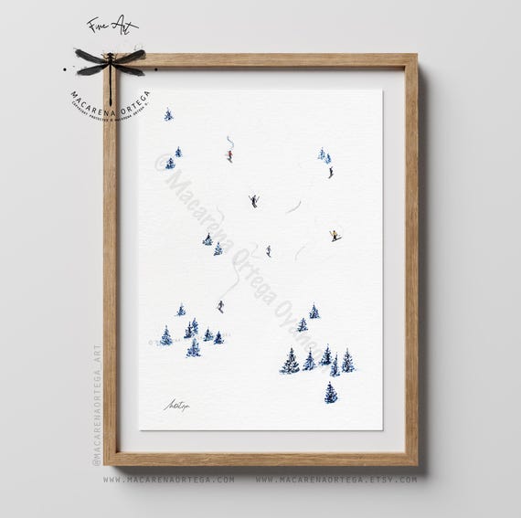 Tiny Skiers and Snowboarders Aerial View Watercolor Art Print | Ski Lovers Decor | Sport Painting | Winter Skiing by | Macarena Ortega | N76