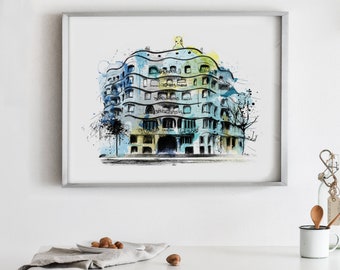 Milà House Barcelona Print La Pedrera Paiting Gaudí House Art print Gaudí Sketch Casa Milà art print Spain poster print city bcn (105)