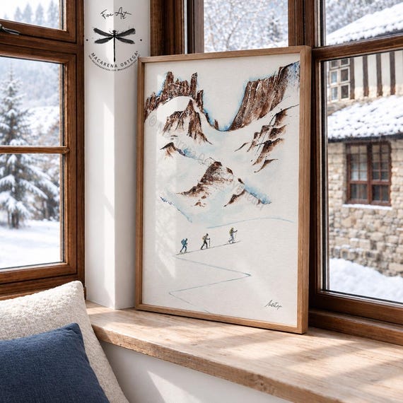 Backcountry Skiing, Watercolor Giclée Art Print, Alpine Mountain Snow Wall Decor, Artwork by Macarena Ortega | N23