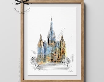 Cathedral of Barcelona Watercolor Art Print | Gothic Church Illustration, Spain Travel Art, European City Poster | Macarena Ortega | N163