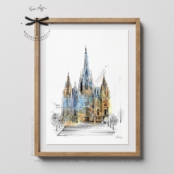 Cathedral of Barcelona Watercolor Art Print | Gothic Church Illustration, Spain Travel Art, European City Poster | Macarena Ortega | N163