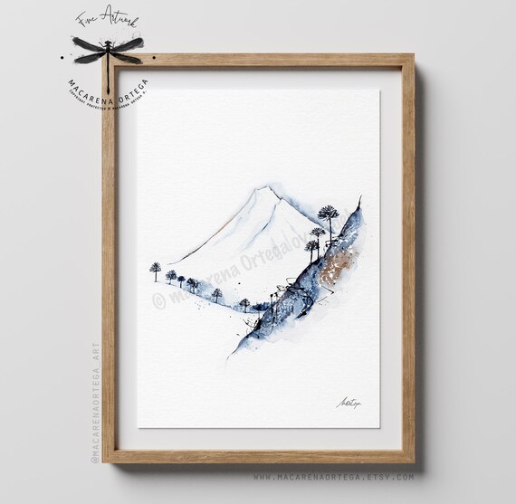 Llaima Volcano Watercolor Art Print | Araucaria Tree Painting | Chile Landscape Art | Winter Outdoor Adventure | by Macarena Ortega | N46