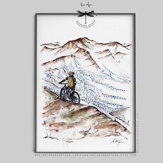 E-Bike Mountain Rider Watercolor Art Print | Electric Bicycle, Enduro MTB, Downhill Cycling, Alpine Adventure, Outdoor Extreme Sports | N115