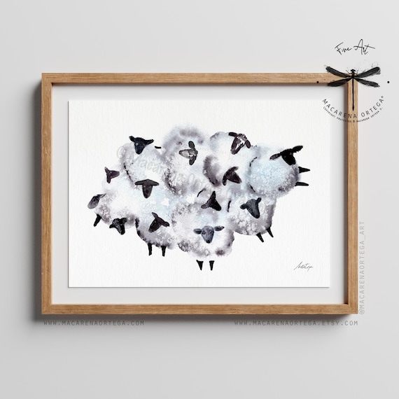 Cloud of Sheep Watercolor Art Print | Minimalist Farm Animal Nordic Country Decor, Rustic Alpine Home Style | Nursery Art, xmas gift | N165