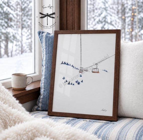 Minimalist Ski Lift Watercolor, Art Print, Winter Mountain Scene, Alpine Ski Wall Art, by Macarena Ortega | N16