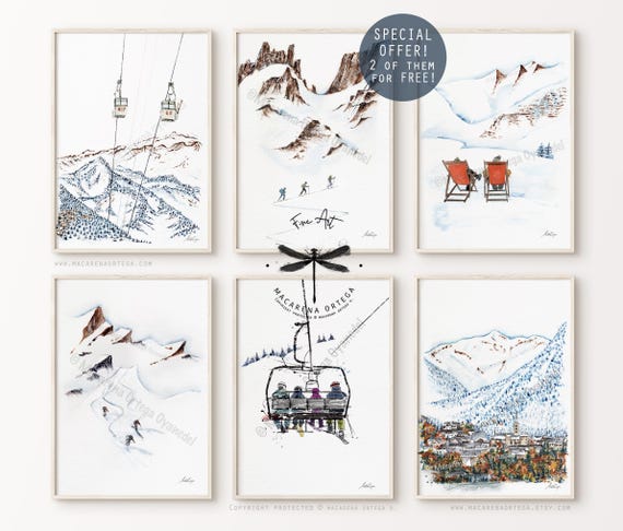 Ski Art Print Set of 6 prints, 2 of them for FREE! Vintage Ski Decor, Mountain Home Decor, Winter Ski Prints for Chalet | By Macarena Ortega