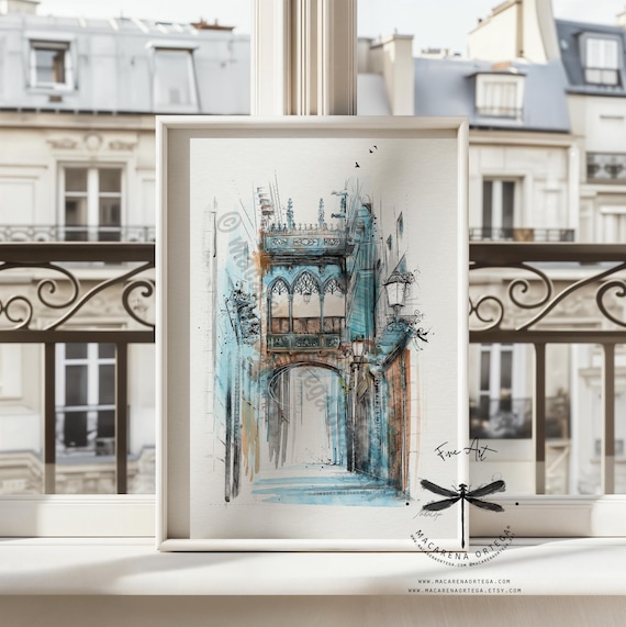 El Pont del Bisbe, Barcelona Watercolor Art Print | Famous Arch Bridge Spain Architecture Art, Barcelona City Print | Macarena Ortega | N111