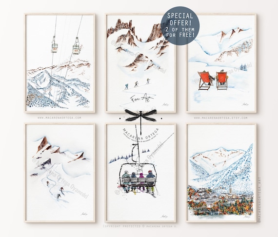 Vintage Ski Collection Watercolor, Art Prints Set of 6, 2 Prints FREE, Mountain Chalet Wall Art, by Macarena Ortega