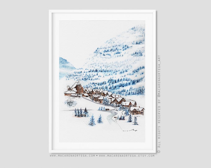 TREDÓS, Valle de Aran Watercolor art Valle de aran mountain Naut Aran Town art print Spain ski center Pirineos Winter village from (106)