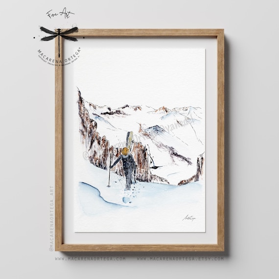 Mountain Skimo Ascension Watercolor Art Print | Climbing Mountain Art | Ski Pyrenees | Winter Sport Print  Ski art | Skimo Art Print | N69