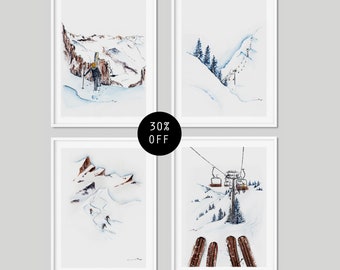 Ski watercolor SET of 4 prints 30% OFF Special Offer Mountain home decor winter decor ski art prints ski wall art gift POW