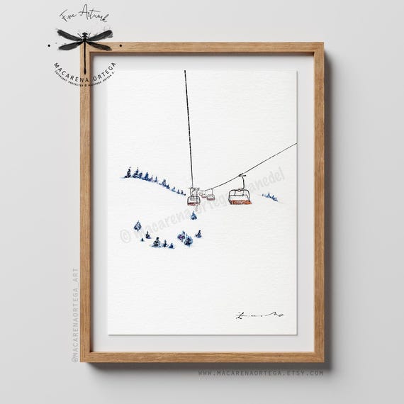 Ski Lift Watercolor Art Print | Ski Art | Skier Chairlift Illustration | Winter Sport Wall Decor | Après-Ski Skiing | Mountain Decor | N16