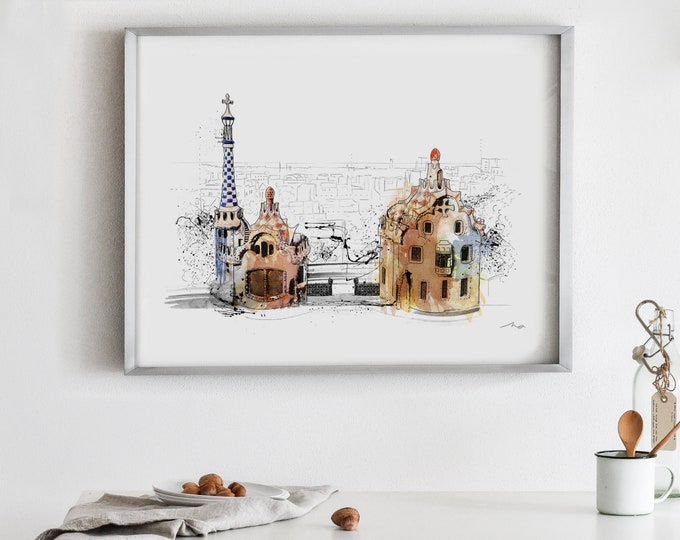 Parc Güell Entrance painting (Nº162) print Gaudí Park Guell watercolor Barcelona Park Guell sketch art Barcelona art print sketch (162)