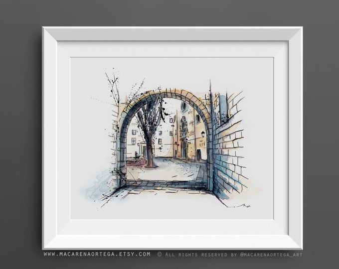 Placa Sant Felip Neri Watercolor Art print, Plaza Sant Neri Art Print Barcelona Ciutat Vella de Barcelona Barrio gotico Gothic Quarter (158)