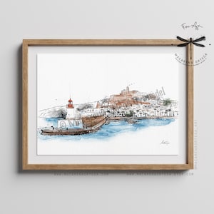 Ibiza Aquarell Kunstdruck | Coastal Decor Baleares Fine Art Print, Insel Skizzierung, Eivissa Spanien Sommer Kunst | MacArena Ortega | N21
